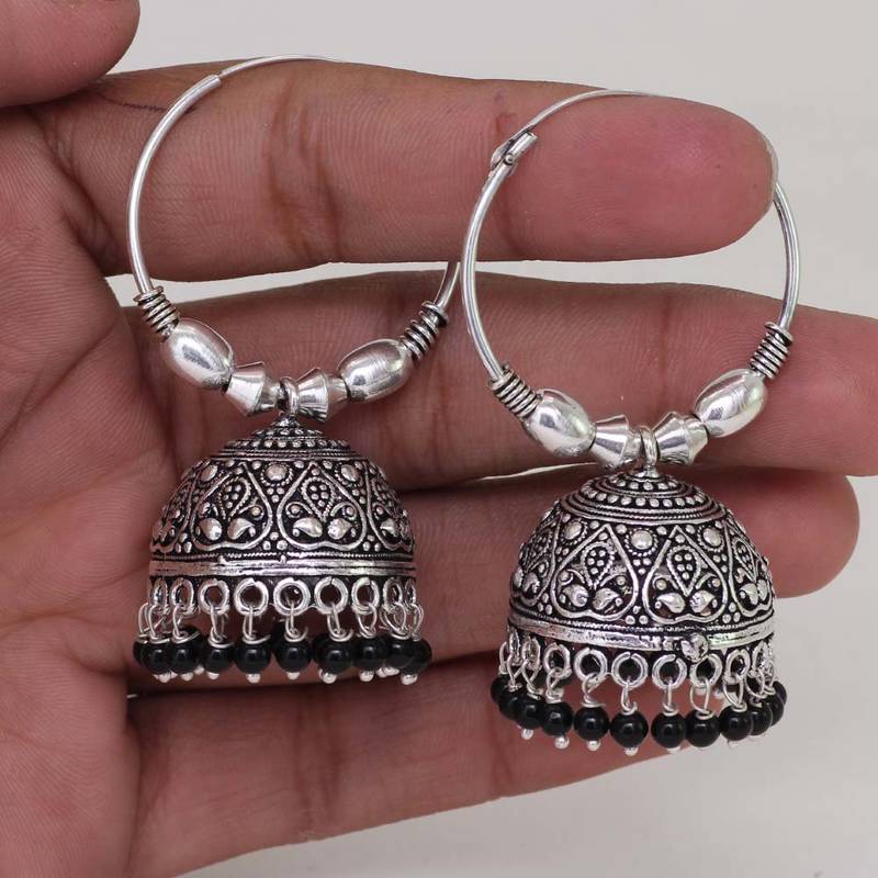 Buy Rajasthani Black Metal Oxdised Black Colour Beads Fashion Jhumka