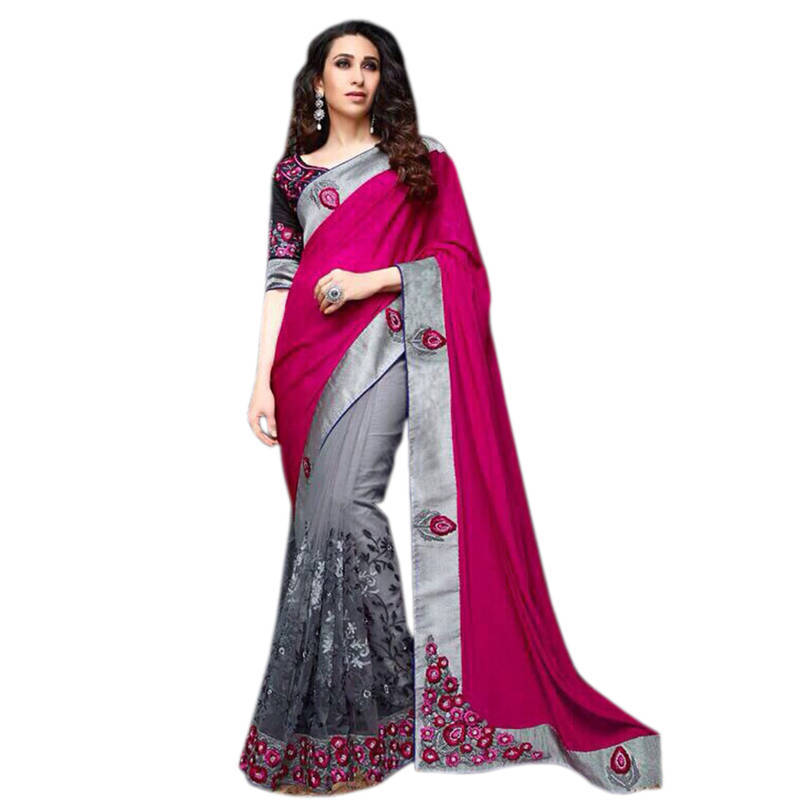 pink saree with grey blouse