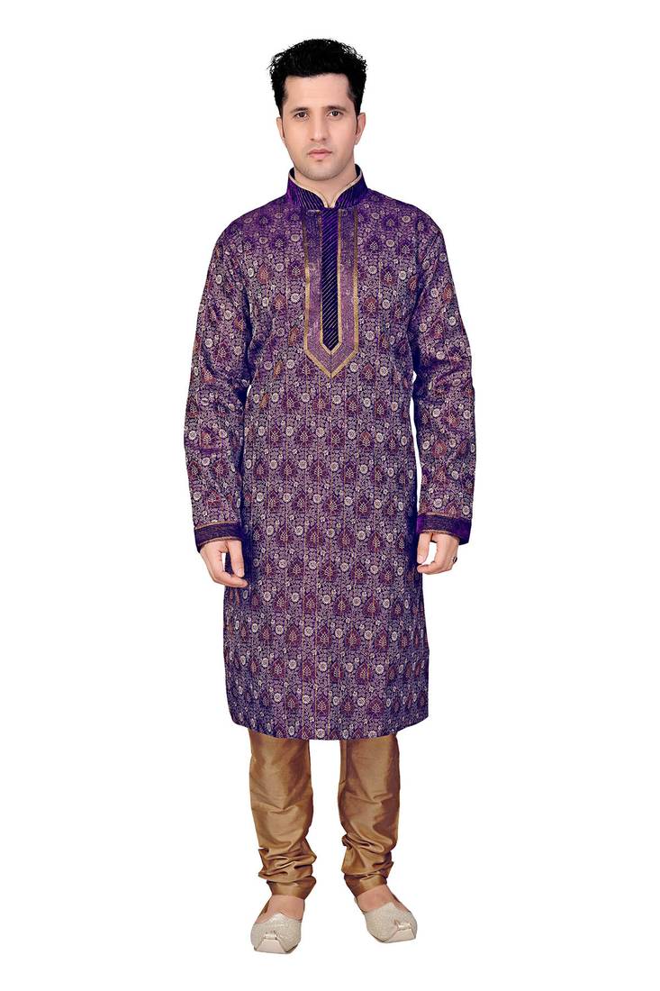 Buy Men's Purple self woven floral kurta with velvet collar placket patti with all over cording