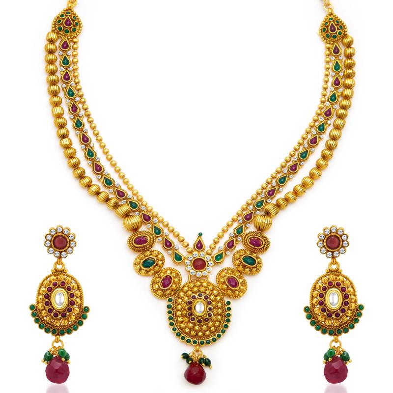 Buy Fancy Gold Plated Three String Necklace Set for Women Online