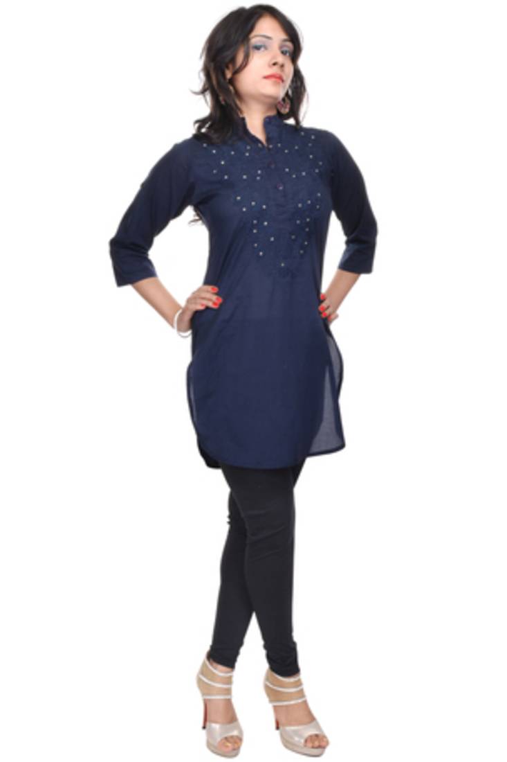 Buy Navy Blue Straight kurta with Stand Collar Online