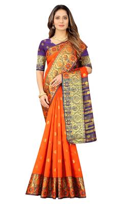 Orange woven cotton silk saree with blouse 2