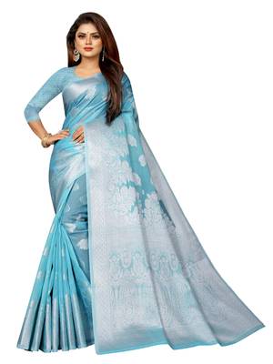Sky blue woven linen saree with blouse 1