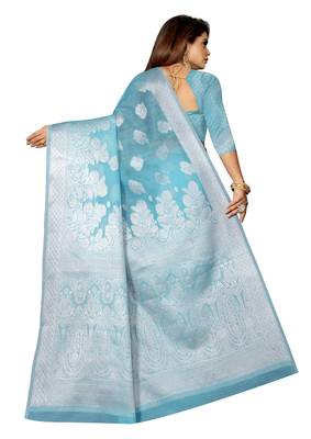 Sky blue woven linen saree with blouse 2