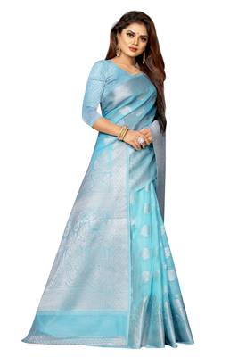 Sky blue woven linen saree with blouse 3