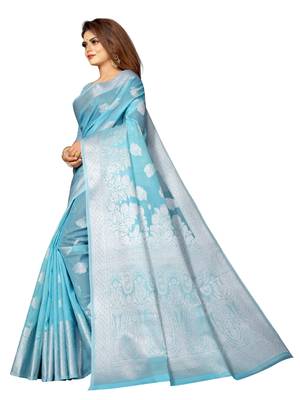 Sky blue woven linen saree with blouse 4
