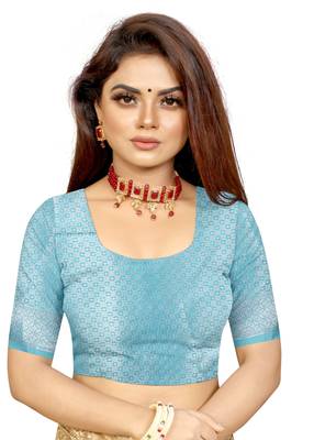 Sky blue woven linen saree with blouse 5