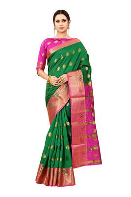 Green woven cotton silk saree with blouse 1
