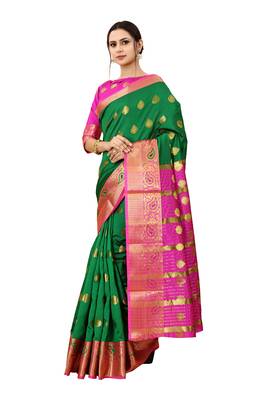 Green woven cotton silk saree with blouse 3