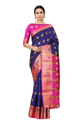 Navy blue woven cotton silk saree with blouse 1