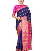 Navy blue woven cotton silk saree with blouse