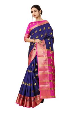 Navy blue woven cotton silk saree with blouse 3