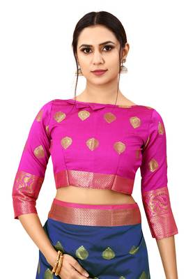 Navy blue woven cotton silk saree with blouse 4