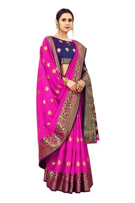 Pink woven cotton silk saree with blouse 3