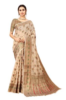 Cream woven cotton silk saree with blouse 1