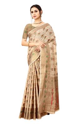 Cream woven cotton silk saree with blouse 3