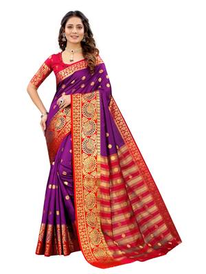 Purple woven cotton silk saree with blouse 1
