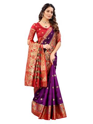 Purple woven cotton silk saree with blouse 3