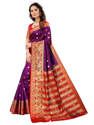 Purple woven cotton silk saree with blouse 4