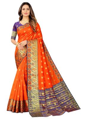 Orange woven cotton silk saree with blouse 1