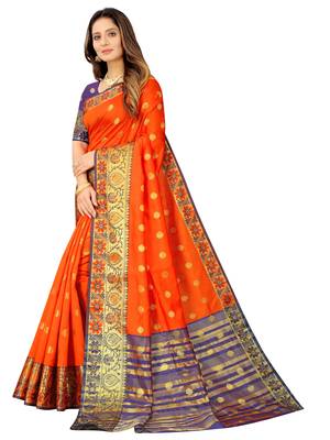 Orange woven cotton silk saree with blouse 5