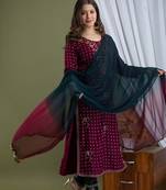 Women's Embroidered Straight kurti pant with chiffon dupatta sets