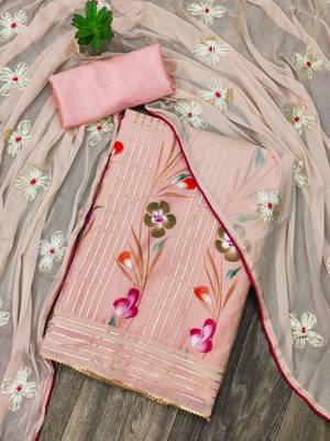 Pink Chanderi Print With Gotta Patti Dress Material 1