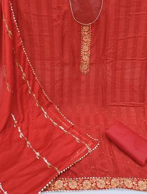 Red Poly Silk Sequin Embroidered Dress Material 2
