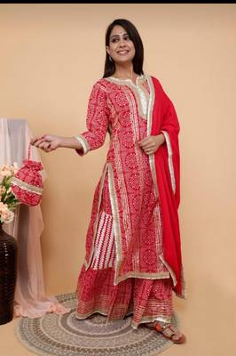  Women Traditional Bandhani print kurta  sharara potli with dupatta sets 1
