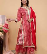  Women Traditional Bandhani print kurta  sharara potli with dupatta sets