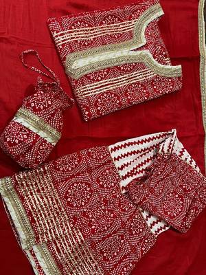  Women Traditional Bandhani print kurta  sharara potli with dupatta sets 4