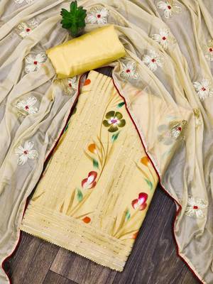 Yellow Chanderi Print With Gotta Patti Dress Material 1