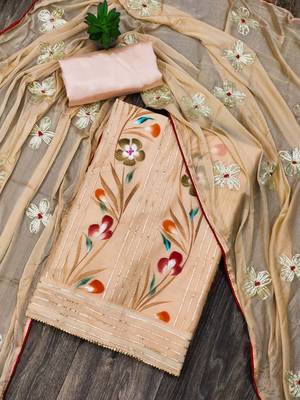 Peach Chanderi Print With Gotta Patti Dress Material 1