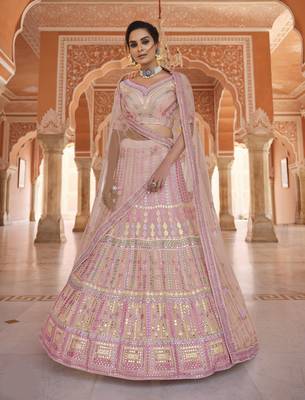 Engaging peach gota and thread embroidered organza Semi Stitched Lehenga 1