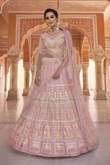 Engaging peach gota and thread embroidered organza semi stitched lehenga