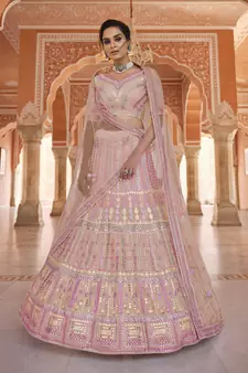 Engaging peach gota and thread embroidered organza semi stitched lehenga