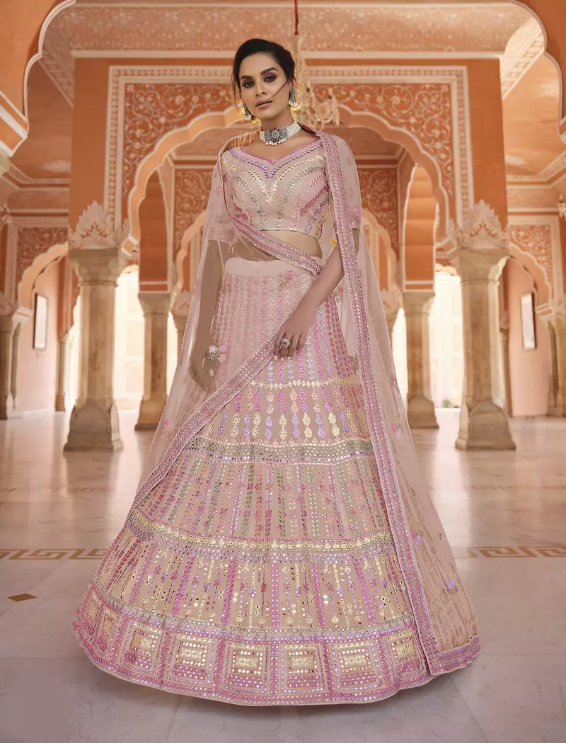 Engaging peach gota and thread embroidered organza semi stitched lehenga
