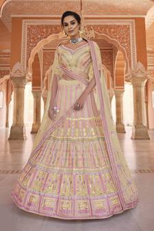 Pleasant yellow gota and thread embroidered organza semi stitched lehenga