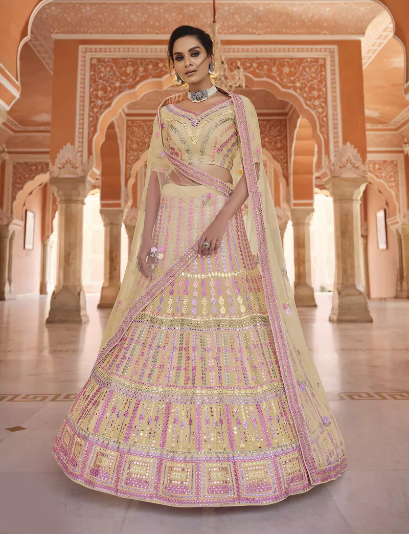 Pleasant yellow gota and thread embroidered organza semi stitched lehenga