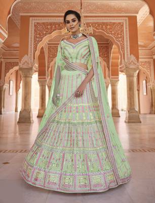 Eye Catching pista green gota and thread embroidered Semi Stitched Lehenga 1