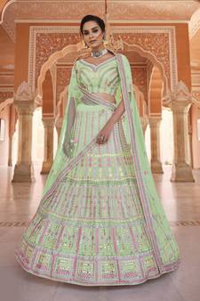Eye Catching pista green gota and thread embroidered semi stitched lehenga
