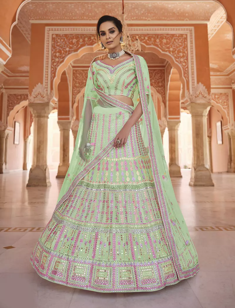 Eye Catching pista green gota and thread embroidered semi stitched lehenga