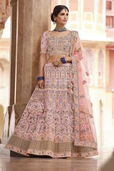 charming pink swarovski, sequins, dori embroidered crepe semi stitched lehenga