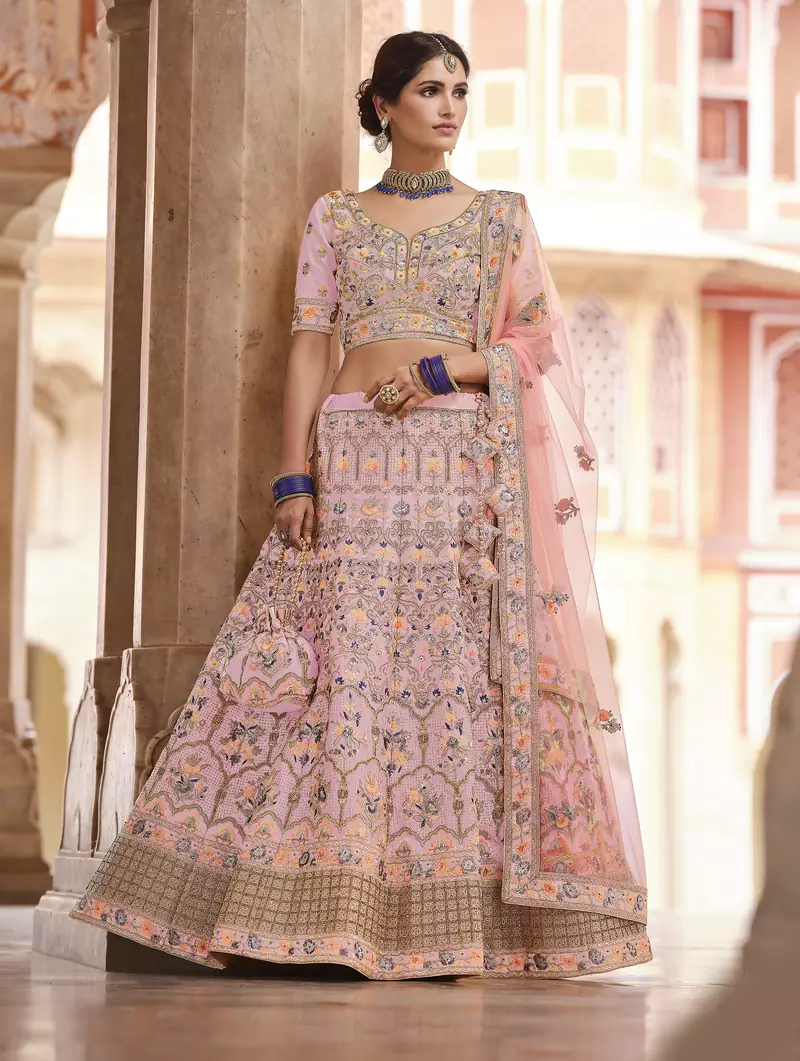 charming pink swarovski, sequins, dori embroidered crepe semi stitched lehenga
