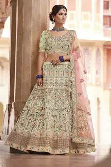 entrancing pista green swarovski, sequins, dori embroidered crepe semi stitched lehenga