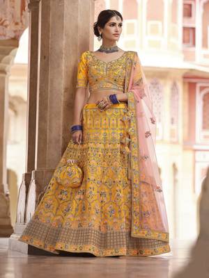 Mustard swarovski, sequins, and dori embroidered crepe Semi Stitched Lehenga 1
