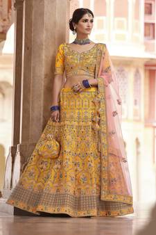 mustard swarovski, sequins, dori embroidered crepe semi-stitched lehenga