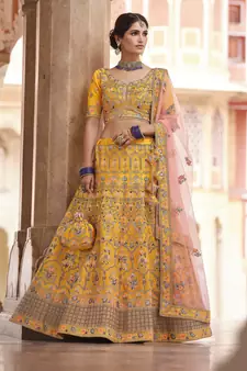 mustard swarovski, sequins, dori embroidered crepe semi-stitched lehenga