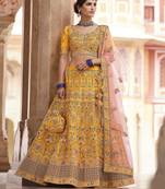 Mustard swarovski, sequins, and dori embroidered crepe Semi Stitched Lehenga