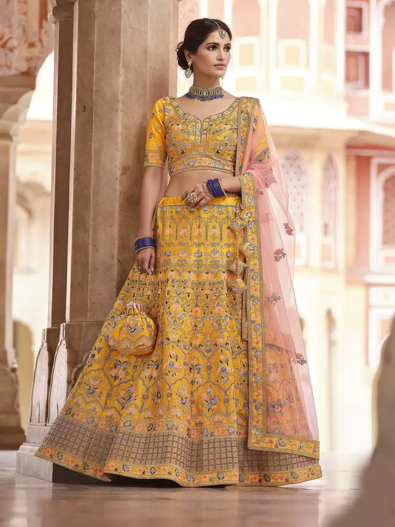 mustard swarovski, sequins, dori embroidered crepe semi-stitched lehenga